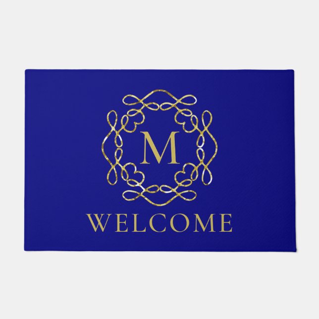 Elegant Gold Monogram Navy Blue Welcome Doormat (Front)