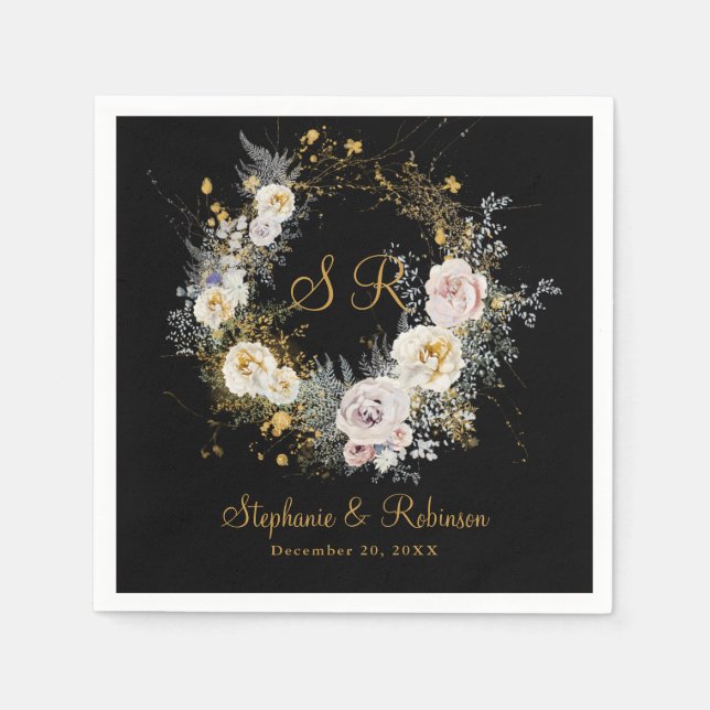 Elegant Gold Monogram On Black Wedding Paper  Napkin (Front)
