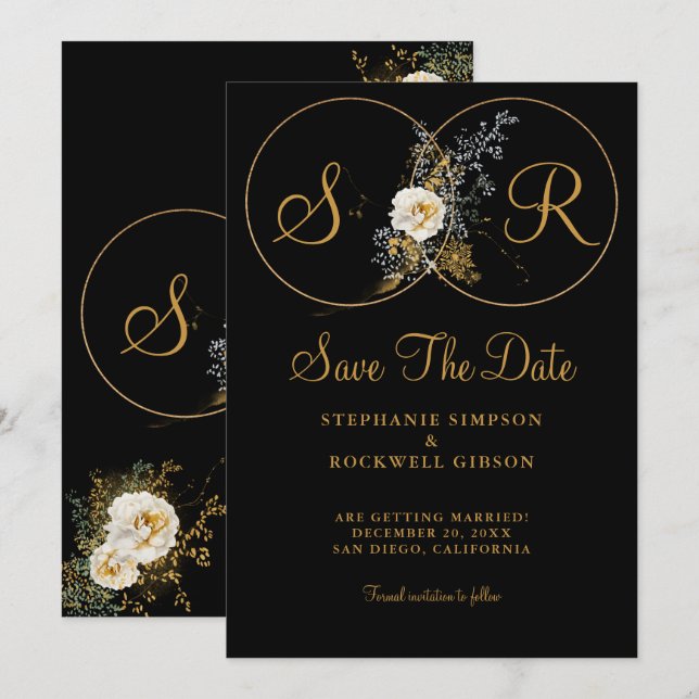 Elegant Gold Monogram On Black Wedding Save The Date (Front/Back)