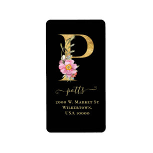 Elegant Gold Monogram P Floral Address Label
