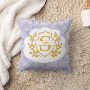 Elegant Gold Monogram Pearl and Scale Mermaid Cushion