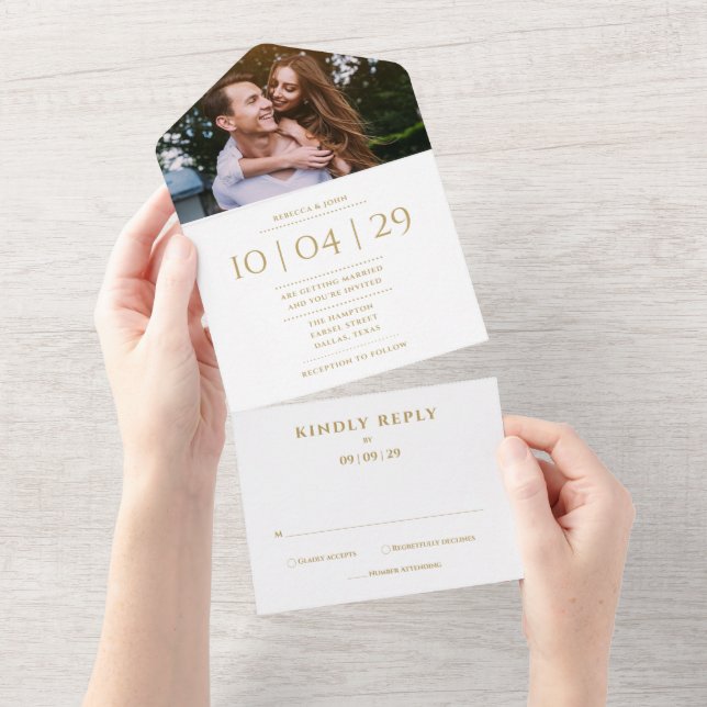 Elegant Gold Monogram Photo Wedding Date All In One Invitation (Tearaway)