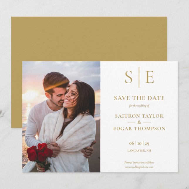 Elegant Gold Monogram Photo Wedding Save The Date (Front/Back)