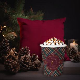 Elegant Gold Monogram Plaid Christmas Holiday Paper Cups