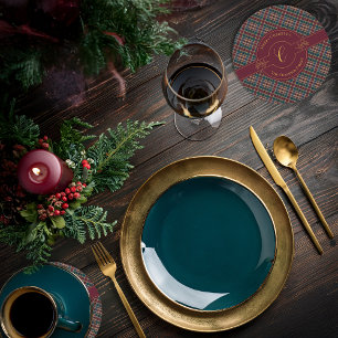 Elegant Gold Monogram Plaid Christmas Holiday Round Paper Coaster