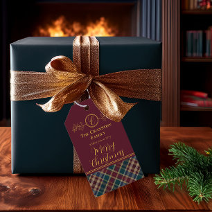 Elegant Gold Monogram Plaid - Cranberry Blue Teal  Gift Tags