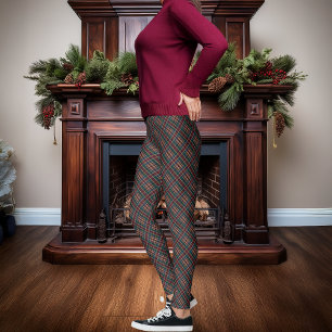 Elegant Gold Monogram Plaid - Cranberry Blue Teal Leggings