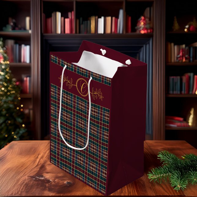 Elegant Gold Monogram Plaid - Cranberry Blue Teal  Medium Gift Bag (Elegant Gold Monogram and Plaid Dark Cranberry Red, Blue and Teal Green Christmas Holiday Gift Bag)