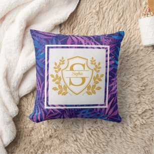 Elegant Gold Monogram Royal Crest Purple Tropical  Cushion