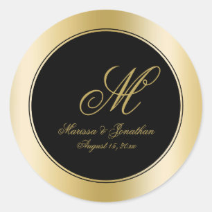Elegant Gold Monogram Script Black Wedding Classic Round Sticker