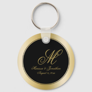 Elegant Gold Monogram Script Black Wedding Key Ring