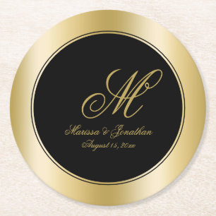 Elegant Gold Monogram Script Black Wedding Round Paper Coaster