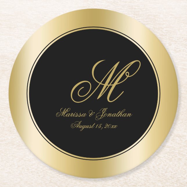 Elegant Gold Monogram Script Black Wedding Round Paper Coaster (Front)
