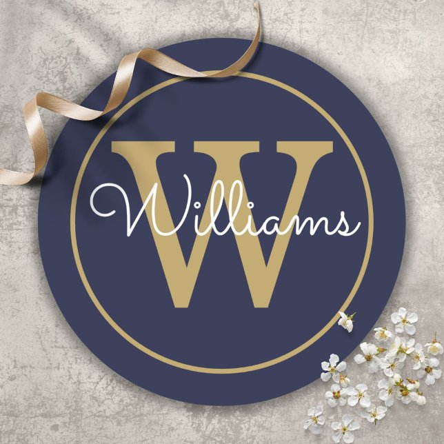 Elegant Gold Monogram Script Name Navy Blue Classic Round Sticker (Elegant Gold Monogram Script Name Navy Blue Classic Round Sticker)