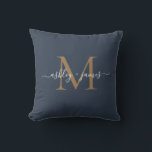 Elegant Gold Monogram Script Names Wedding Blue Cushion<br><div class="desc">Chic monogrammed keepsake pillow with your names and monogram in ivory elegant handwritten script calligraphy and gold modern typography on a dark blue background. Simply add your names and monogram. Exclusively designed for you by Happy Dolphin Studio. If you need any help or matching products, please contact us at happydolphinstudio@outlook.com....</div>
