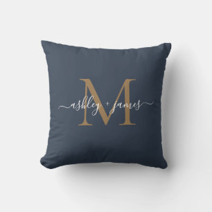 Elegant Gold Monogram Script Names Wedding Blue Cushion