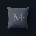 Elegant Gold Monogram Script Names Wedding Blue Cushion<br><div class="desc">Chic monogrammed keepsake pillow with your names and monogram in white elegant handwritten script calligraphy and gold modern typography on a dark blue background. Simply add your names and monogram. Exclusively designed for you by Happy Dolphin Studio. If you need any help or matching products, please contact us at happydolphinstudio@outlook.com....</div>