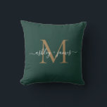 Elegant Gold Monogram Script Names Wedding Green Cushion<br><div class="desc">Chic monogrammed keepsake pillow with your names and monogram in white elegant handwritten script calligraphy and gold modern typography on a dark green background. Simply add your names and monogram. Exclusively designed for you by Happy Dolphin Studio. If you need any help or matching products, please contact us at happydolphinstudio@outlook.com....</div>