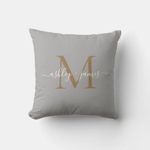 Elegant Gold Monogram Script Names Wedding Grey Cushion