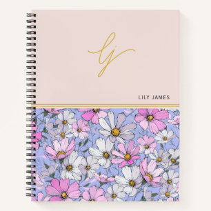 Elegant Gold Monogram Script Pink Blue Flowers Notebook