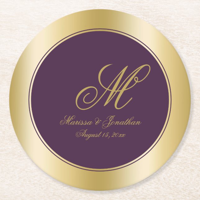 Elegant Gold Monogram Script Plum Purple Wedding Round Paper Coaster (Front)