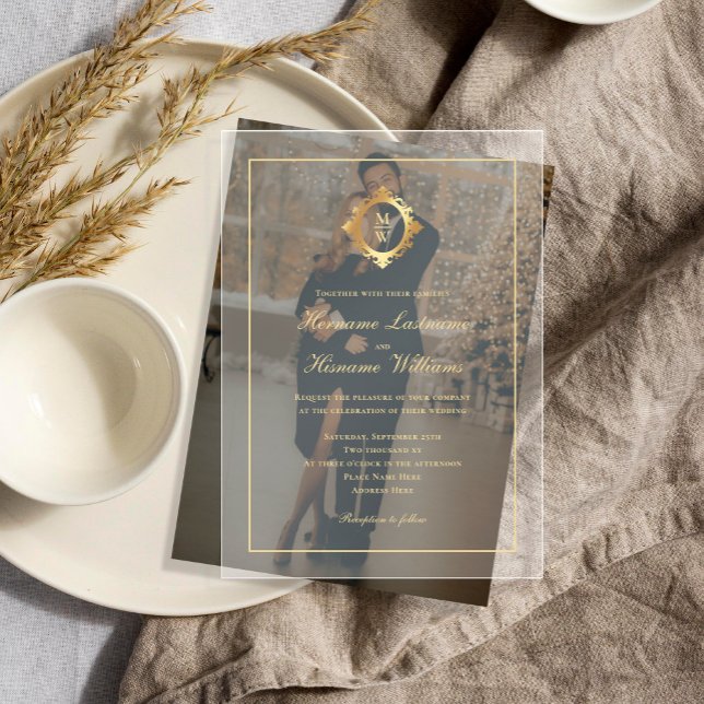 Elegant Gold Monogram Stylish Wedding Transparent Acrylic Invitations (Creator Uploaded)