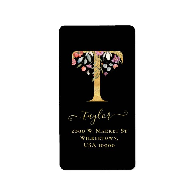 Elegant Gold Monogram T Floral Address Label (Front)