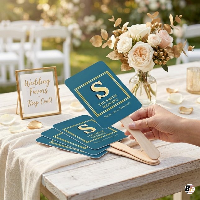 Elegant Gold Monogram Teal Blue Wedding Favour Hand Fan (Creator Uploaded)