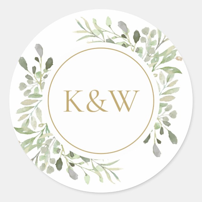 Elegant Gold Monogram Watercolor Greenery Wedding Classic Round Sticker (Front)