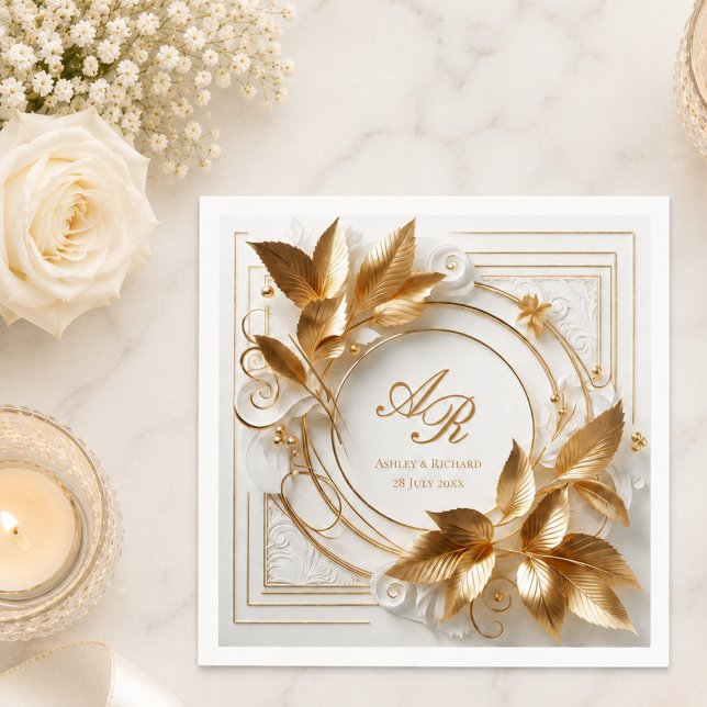 Elegant Gold Monogram Wedding  Napkin (elegant opulent gold foliage wedding paper napkin with custom monogram names and wedding date)