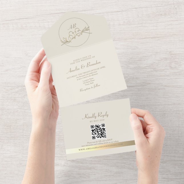 Elegant Gold Monogram Wedding QR Code All In One Invitation (Tearaway)