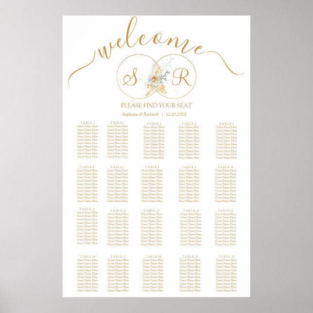 Elegant Gold Monogram Wedding Seating Chart (Front)