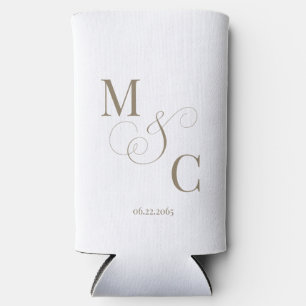 Elegant Gold Monogram White Wedding Seltzer Can Cooler