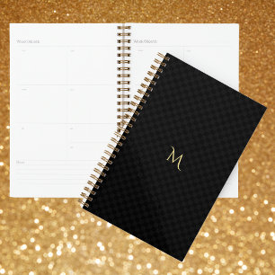 Elegant Gold Monogrammed Black Chequered Yearly Planner