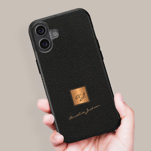 Elegant gold monogrammed script name black leather iPhone 16 case