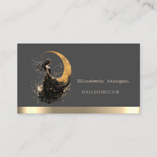 Elegant Gold Moon Girl Yoga Instructor Business Business Card (Front)