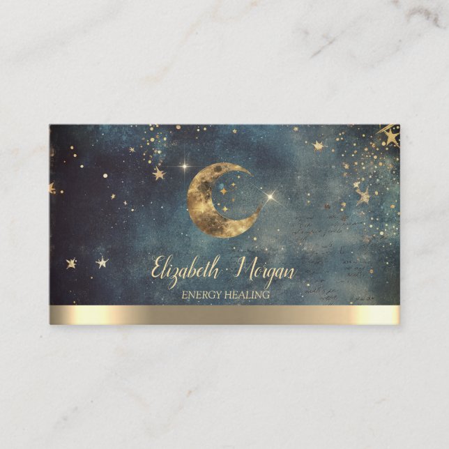 Elegant Gold Moon Stars Watercolor Business Card (Front)