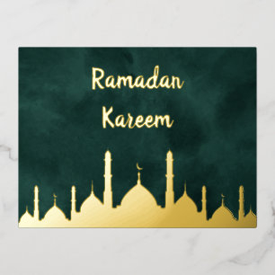 Elegant Gold Mosque Green Ramadan Kareem Islamic Foil Holiday Postcard