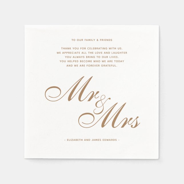 Elegant Gold Mr and Mrs Wedding Thank You Message Napkin (Front)