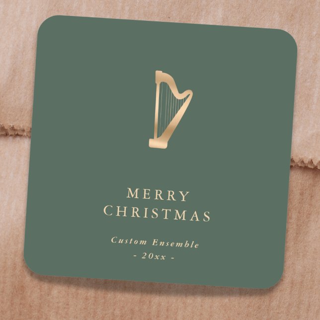 Elegant Gold Music Harp Christmas Green Square Sticker (Creator Uploaded)