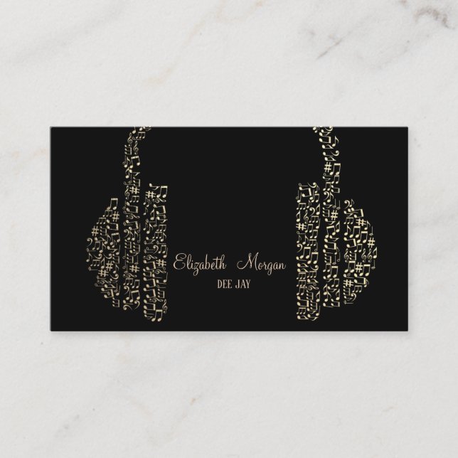 Elegant Gold Music Notes Headphone DJ Business Card (Front)