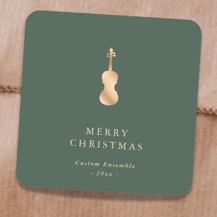 Elegant Gold Music Violin Christmas Green Square Sticker