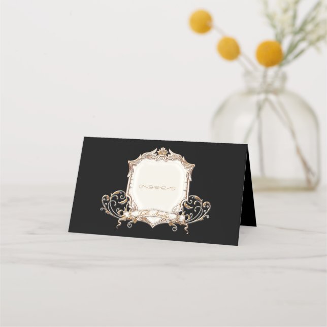 Elegant Gold n Black Swirls Shield Wedding Place Card (Front)
