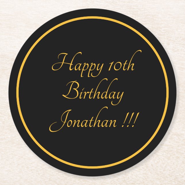 Elegant Gold Name Happy Birthday Paper Coaster (Front)