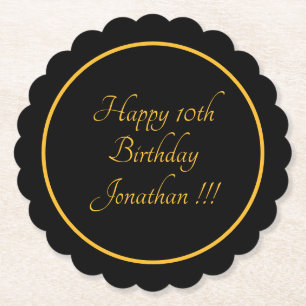 Elegant Gold Name Happy Birthday Scalloped Round Paper Coaster