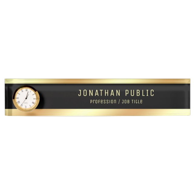 Elegant Gold Name Modern Black Template With Clock Nameplate (Front)