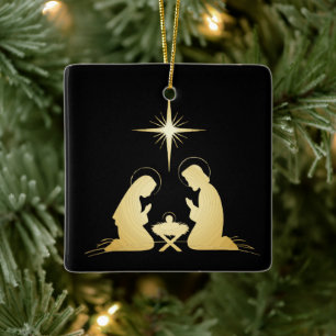 Elegant Gold Nativity Scene   Modern Christian  Ceramic Ornament