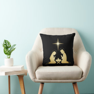 Elegant Gold Nativity Scene Modern Christian Cushion
