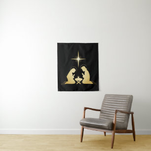 Elegant Gold Nativity Scene   Modern Christian  Tapestry
