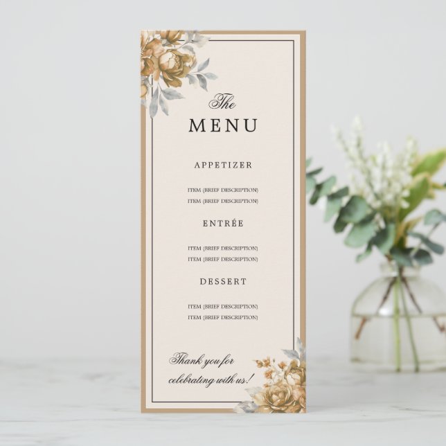 Elegant Gold Natural Rustic Floral Wedding Menu  Invitation (Standing Front)